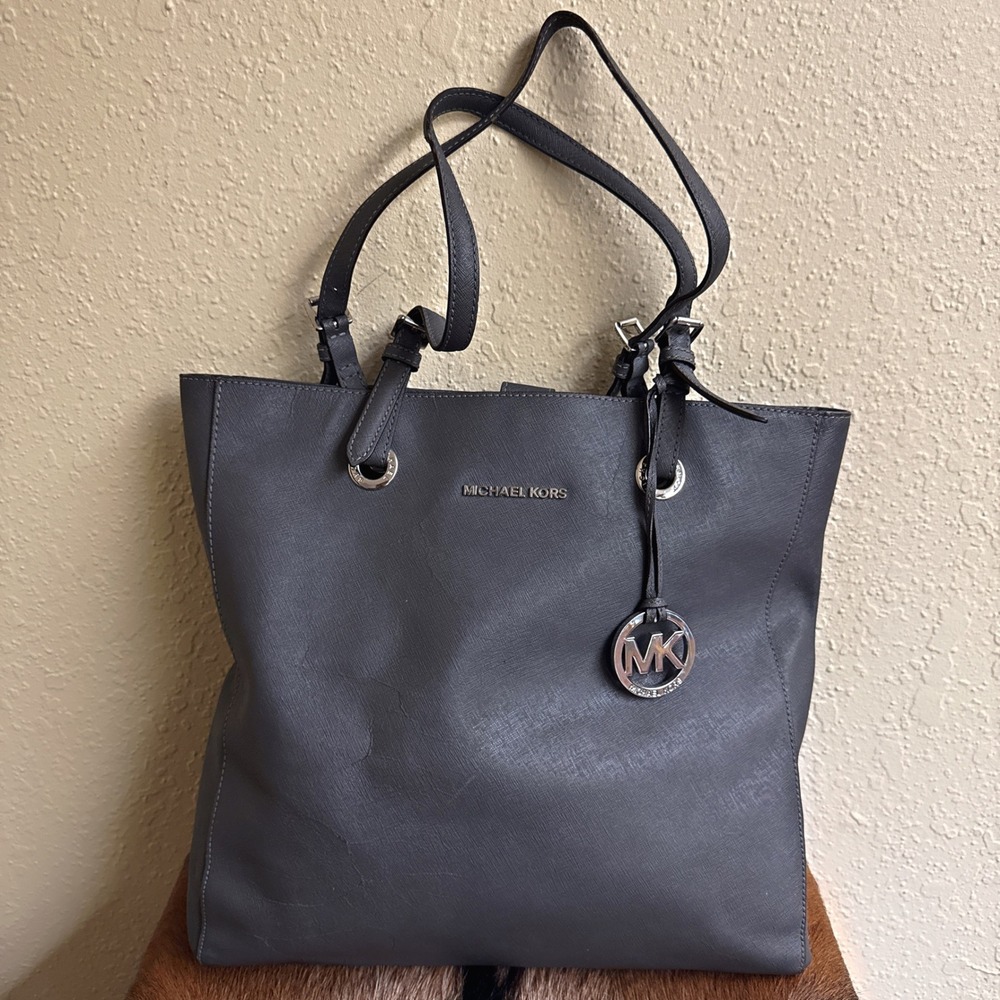 Michael Kors Jet Set‎ Shoulder Tote Bag Gray Saffiano Leather Purse READ